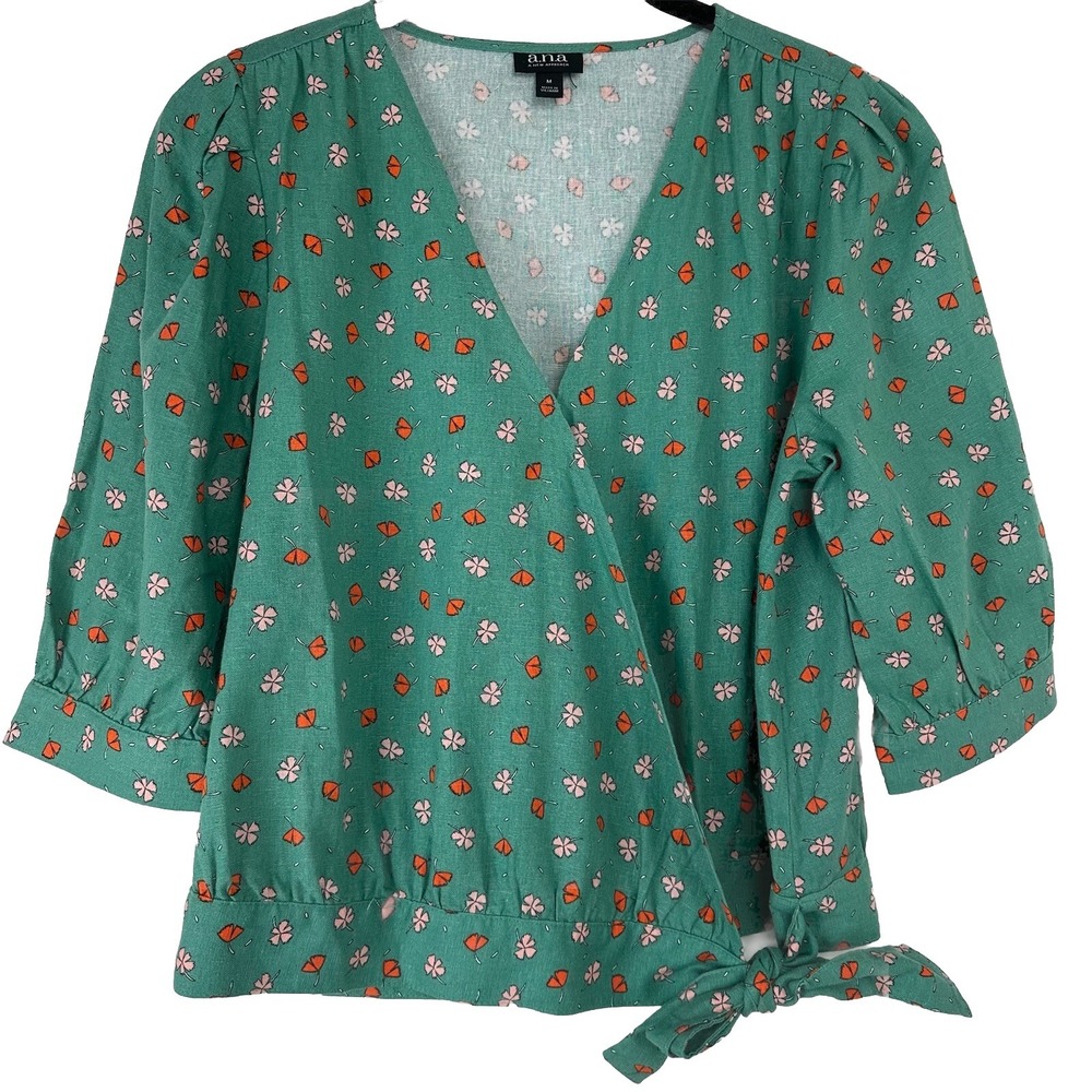 a.n.a Green Floral Linen Blend Wrap Top Side Tie Medium Cottagecore Breathable